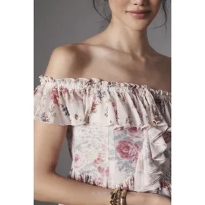 Anthropologie floral off-the-shoulder ruffled mesh top in ivory. thumbnail 3