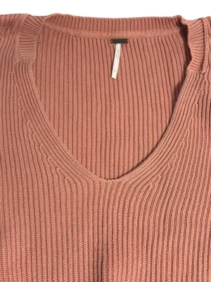Free People Allure Plunge V Neck Sweater Ribbed Pink Cinch Waist Sleeves Sz L thumbnail 3