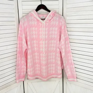 Crown & Ivy Houndstooth‎ Hooded Long Sleeve Poncho Sweater Pink White Large thumbnail 7