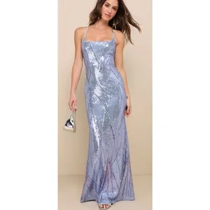 Lulus Flawless Glow Periwinkle Iridescent Sequin Lace-Up Maxi Dress Sz. S thumbnail 2