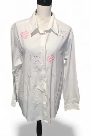 Karen Scott Cotton Rich White Button-Up Shirt Embroidered Heart Patterns Beaded thumbnail 1