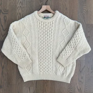 Anthropologie Vintage Celtic Country 100% Wool Irish Cable Knit Crew Neck Sweater Cream Large thumbnail 4
