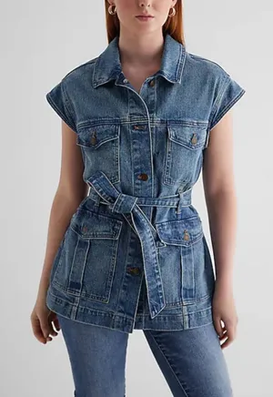 NEW Express Women's Denim Vest Size Small Utility Style Belted Blue Jean Jacket thumbnail 1