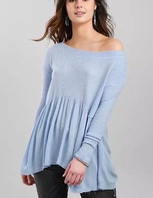 Daytrip Buckle Baby Blue Off The Shoulder Thermal Babydoll Top thumbnail 1