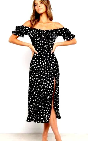 Petal & Pup Off the Shoulder Polka Dot Midi Dress 4 Black White Puff Sleeve Slit thumbnail 2