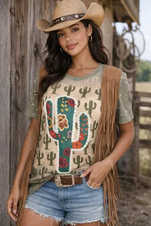 Stylish Cactus Print Women's Top Green Size M thumbnail 1