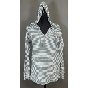 Roxy Women’s Gray & White Stripe Hoodie Pullover Medium V-Neck Kangaroo Pocket thumbnail 2