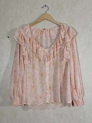 Free People Women’s Cherry Bright Blouse Top Ruffle Neck Sheer in Floral Peach M thumbnail 2