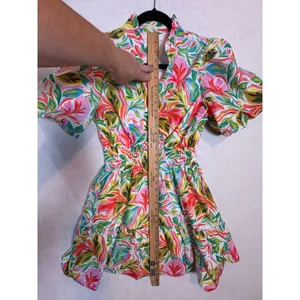 THML Tropical Leaf Print Smocked Waist Puff Sleeve Tiered Mini Dress Small thumbnail 12