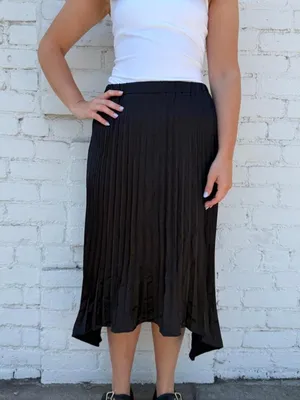 Black pleated accordion satin midi skirt with ruffle hem sz s #classy #goingout #church thumbnail 4