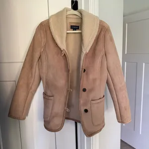 Lands End Shearling Barn Jacket Brown Ivory Button‎ Up Fall Country Coat thumbnail 1
