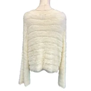 Fuzzy Eyelash Knit Sweater Ivory Shaggy Y2K Coquette Dee Elly Small Crop V Neck thumbnail 5