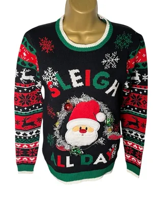 No Boundaries Crew Neck Ugly Christmas Sweater Embellished Santa Black XS thumbnail 1