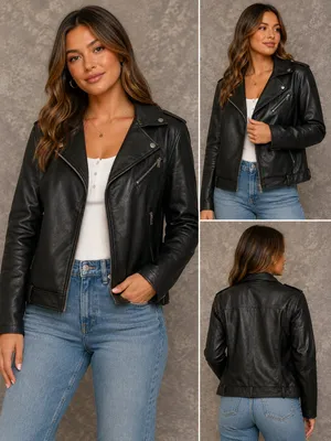 Fahsye Women's Black Faux Leather Asymmetrical Moto Biker Jacket thumbnail 2