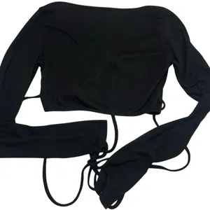 Ruched Bust Wrap Tie Long Sleeve Crop Top Black Medium Y2K Coquette Balletcore thumbnail 3