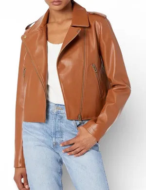 The Drop Heather‎ Moto Jacket Cognac Faux Leather Zip Womens Size L thumbnail 1