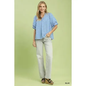 Umgee Gingham Check Blouse with Ruffle‎ Sleeves - Medium thumbnail 5