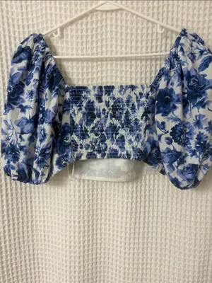 Abercrombie & Fitch Emerson Blue White Floral Crop Smocked Puff Sleeve Top Small thumbnail 8