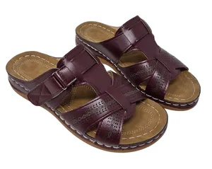 Orthopedic Faux Leather Burgundy Slip On Wedge Sandals Comfort Shoes Size 39 thumbnail 1