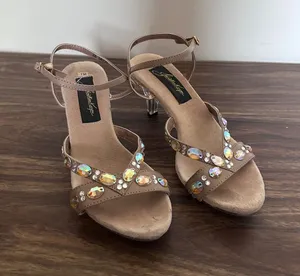 Johnathan Kayne Tan AB Crystal Lucite Kitten Heel Strappy Sandals 34228 7M thumbnail 1