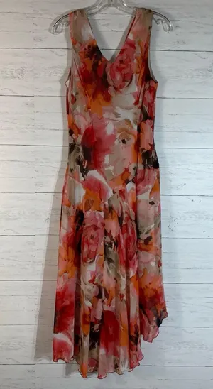 Dressbarn Y2K Chiffon Draped Midi Dress size 14 Pink Floral Silky 2000's thumbnail 10