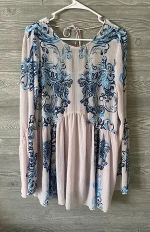 Free People Pink Blue Floral Bell‎ Sleeve Babydoll Mini Dress small thumbnail 1