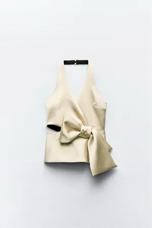 NWT Zara soft gold bow satin halter top. Size Large thumbnail 4