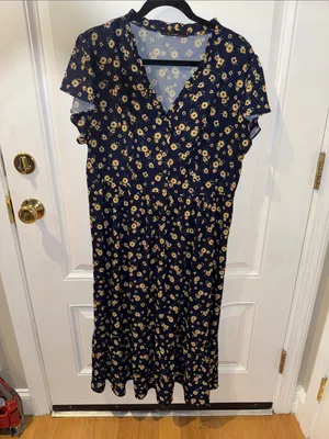 Crimson Floral Midi Dress Womens L Navy Blue Yellow Floral Ruffle Sleeve Boho thumbnail 7