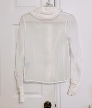 White Lace Cottagecore Barbiecore Elegant Formal Long Sleeve Button Up Shirt thumbnail 3