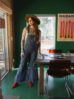 Aaron & Amber denim blue animal print wide bell leg boho overalls S thumbnail 3