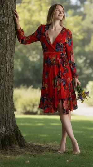 Anthropologie Boswell Textured Red Floral Surplice Neckline Faux Wrap Dress 0P thumbnail 1