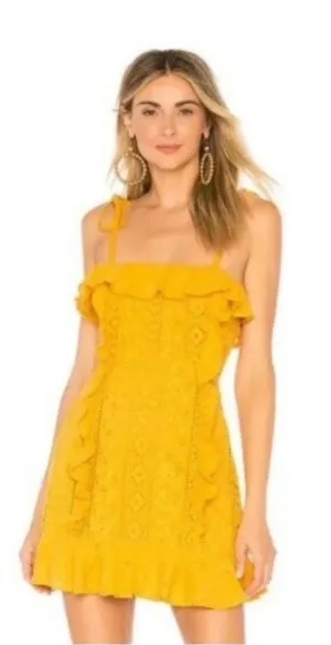 Majorelle Mara Eyelet Ruffle Mini Dress Mustard Yellow Tie Strap Size‎ Small thumbnail 1