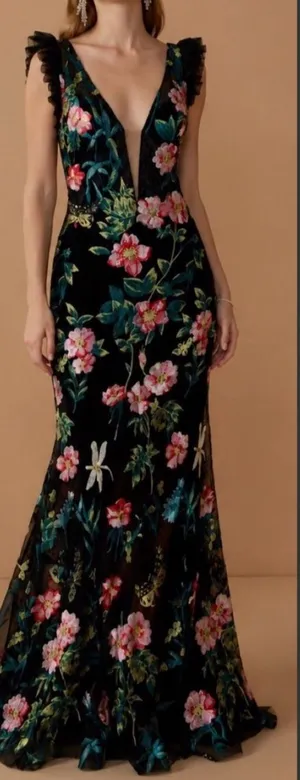 NWT Mac Duggal Embroidered Floral Plunge Neck Trumpet Gown Black Multi Size 10 thumbnail 1