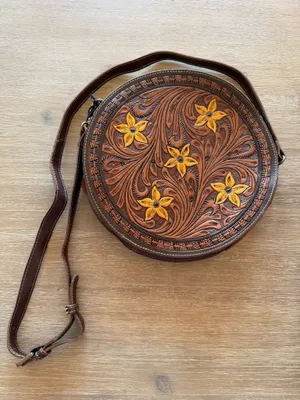 Myra Bags Round Brown and Yellow Stamped Flower Bag thumbnail 1