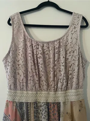 Pink Floral Patchwork Lace Midi Dress 3XL Handkerchief Hem Cottagecore Prairie thumbnail 2
