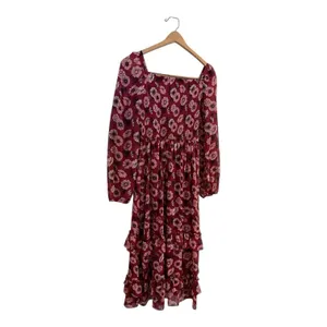 Teens Burgundy Floral Print Square Neck Long Sleeve‎ Tiered Ruffle Midi Dress 16 thumbnail 5