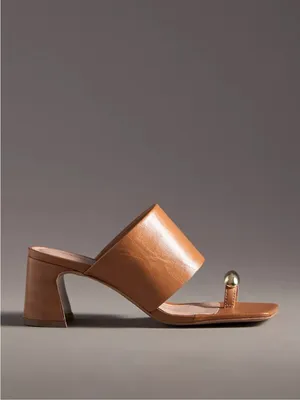 NWOB Anthropologie Tan Leather Block Heel Toe-Ring Slides with Gold Accents thumbnail 10