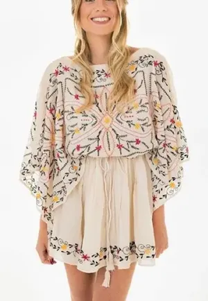 Free People Cream Blouse with Colorful Embroidery thumbnail 1