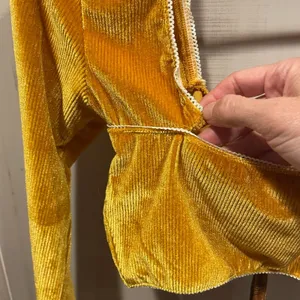 Cute golden ribbed corduroy stretchy cinched tie long sleeve crop top Cider thumbnail 5