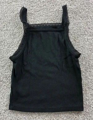 American Eagle Black Ribbed Lace‎ Trim Cropped Tank Top Womens XS Cami Casual thumbnail 1