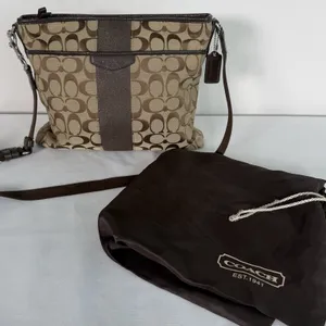 Coach Shoulder Bag‎ F28502 Signature Stripe Brown Canvas Leather Crossbody Y2K thumbnail 1