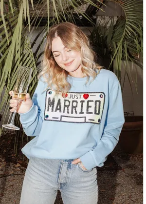 Queen of Sparkles Just Married License Plate Sweatshirt XS Blue Sequin Graphic thumbnail 1