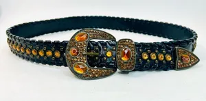 Western Rhinestone Whipstitch Belt with Orange Stones and Black Faux Leather thumbnail 1