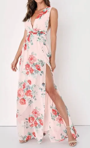 NWT Lulus Peach Pink Garden Meandering Blush Floral Chiffon Maxi Dress MEDIUM‎ thumbnail 1