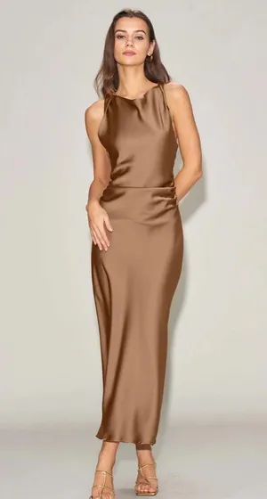 Rihoas Coffee Satin Boat Neck Slip Midi Dress thumbnail 1