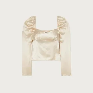 💖 NWT Reformation 100% Silk Roe Puff Sleeve Shirred Blouse in Champagne Gold thumbnail 1