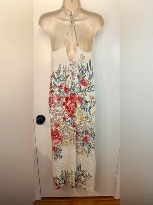 Billabong XS San Sebonne Floral Halter Maxi Dress Ivory Pink Crinkle Open Back thumbnail 9