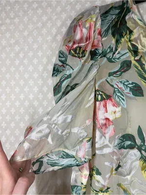 Amanda Uprichard Green Pink White Sheer Floral Puff Sleeve Top thumbnail 4