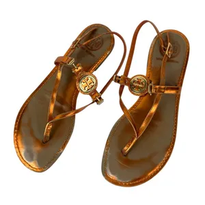Tory Burch Ali Metallic Orange Sandals Sz 8 Strappy Logo Thong Flats thumbnail 1