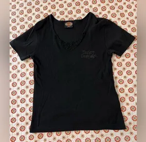 Vintage Y2K 2000 Harley Davidson Lace V Neck Black Short Sleeve Size Medium thumbnail 7